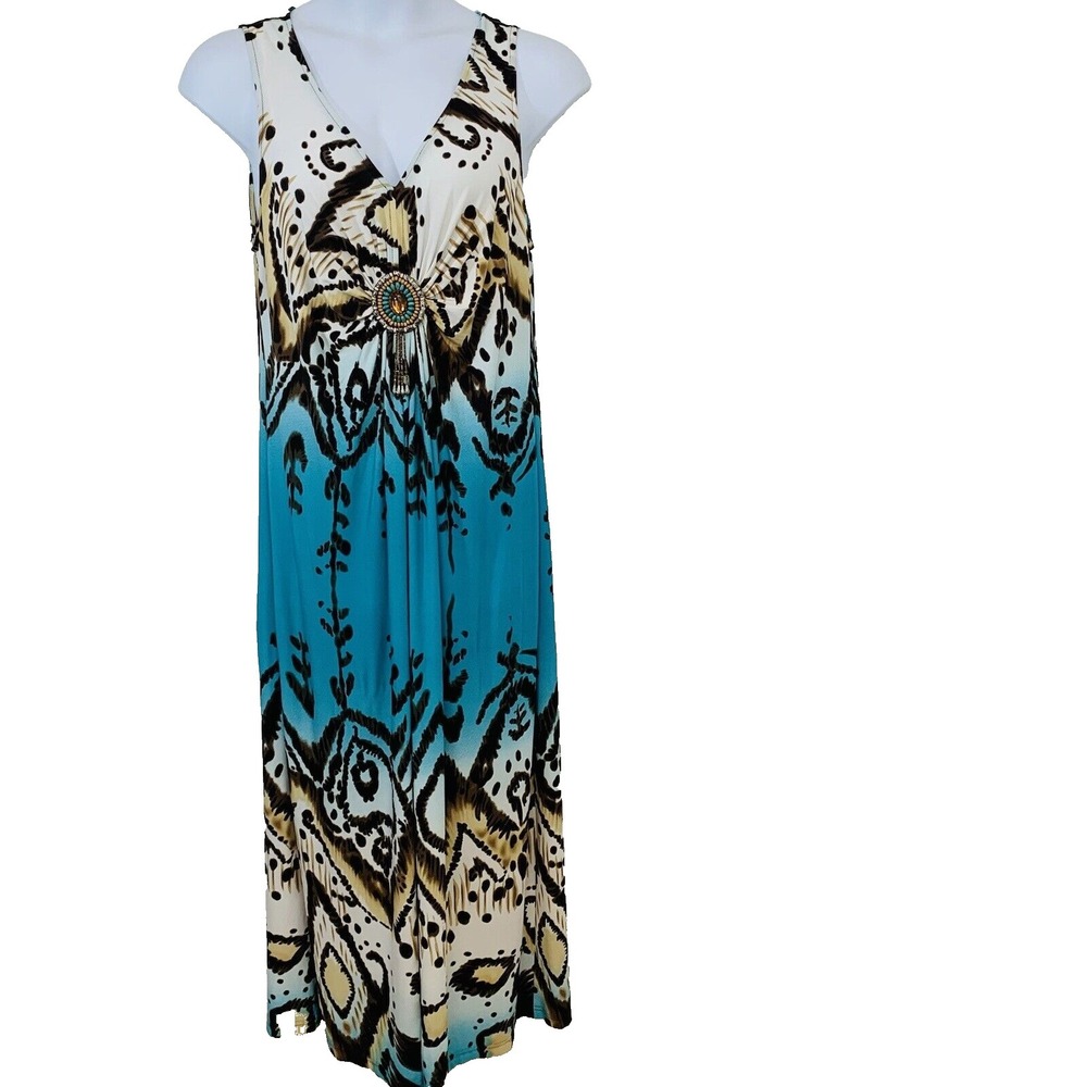 RM Richards Beaded Sun Maxi Dress 16W Stretch Knit Flowy Boho Travel USA
